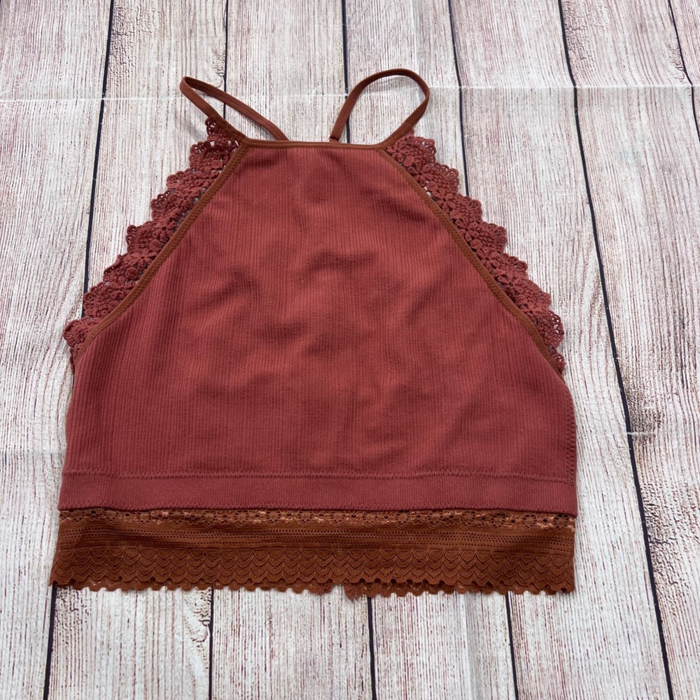 Fornia Rust Ribbed High Neck Lace Trim Cage Back Bralette Crop Top S/M
